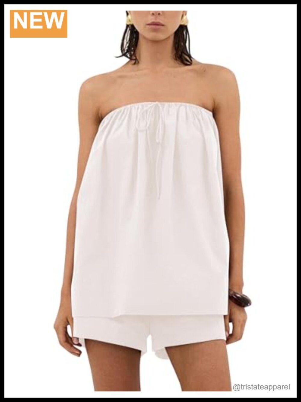 Cotton Blend Strapless Tube Top and High Rise Drawstring Shorts 2 Piece Set